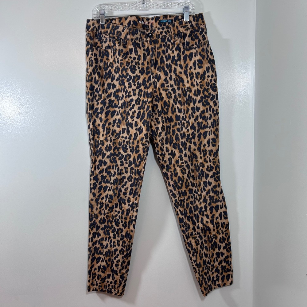 Style & Co Denim Leopard Print Skinny Leg Pants Tan Black Animal Print Size 12